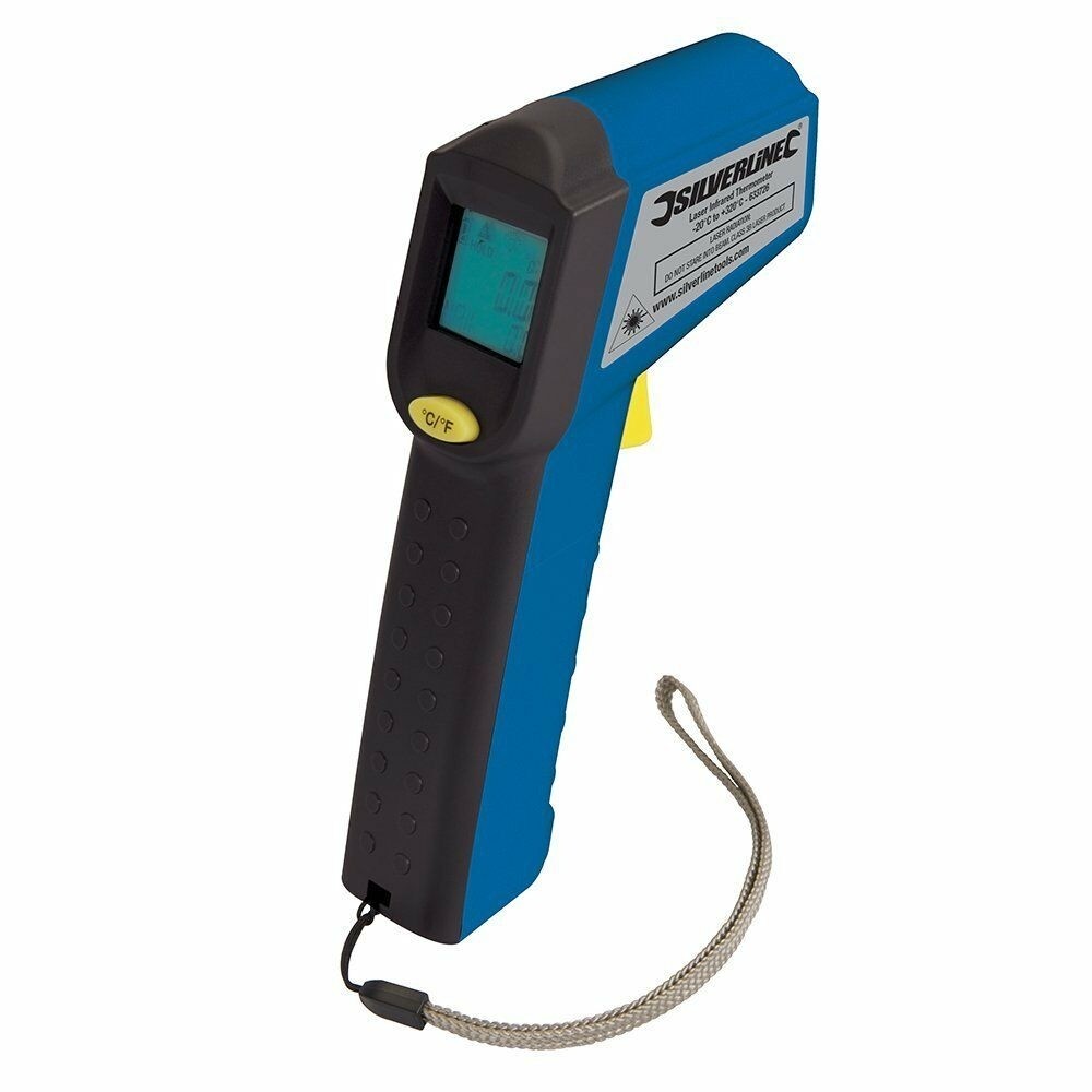 Silverline 633726 Digital Infrared Thermometer with Laser (-38 to 520°C)  Plastic pistol-grip with intelligent infrared temperature sensor For identifying insulation issues & testing solid surface & liquid temperature Measuring range -38 to +520°C (-36.4 